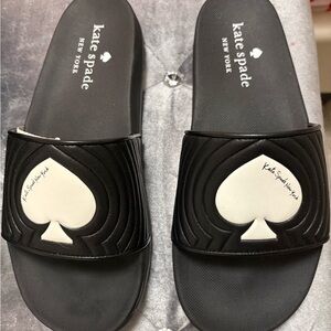 New Kate Spade Black Slides with White Spade Emblem